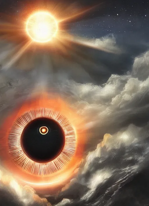 Image similar to the eye of sauron above the clouds, highly detailed,