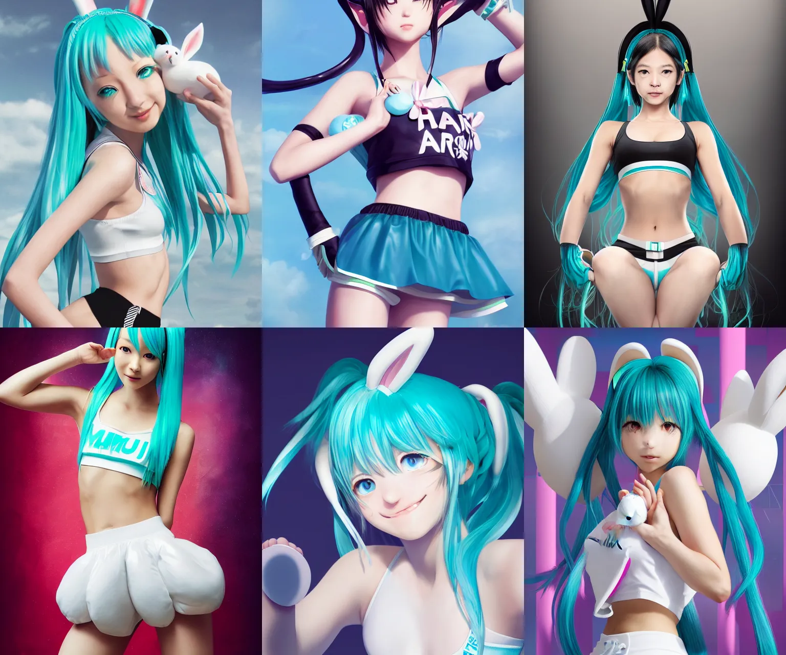 Prompt: hatsune miku with two white bunny ears wears crop gym top with white lettering, crop yoga short, Advertising photography by Mario Testino, Stanley Artgerm Lau, WLOP, Andrei Riabovitchev, photorealist style, masterpiece, trending on artstation, cgstudio