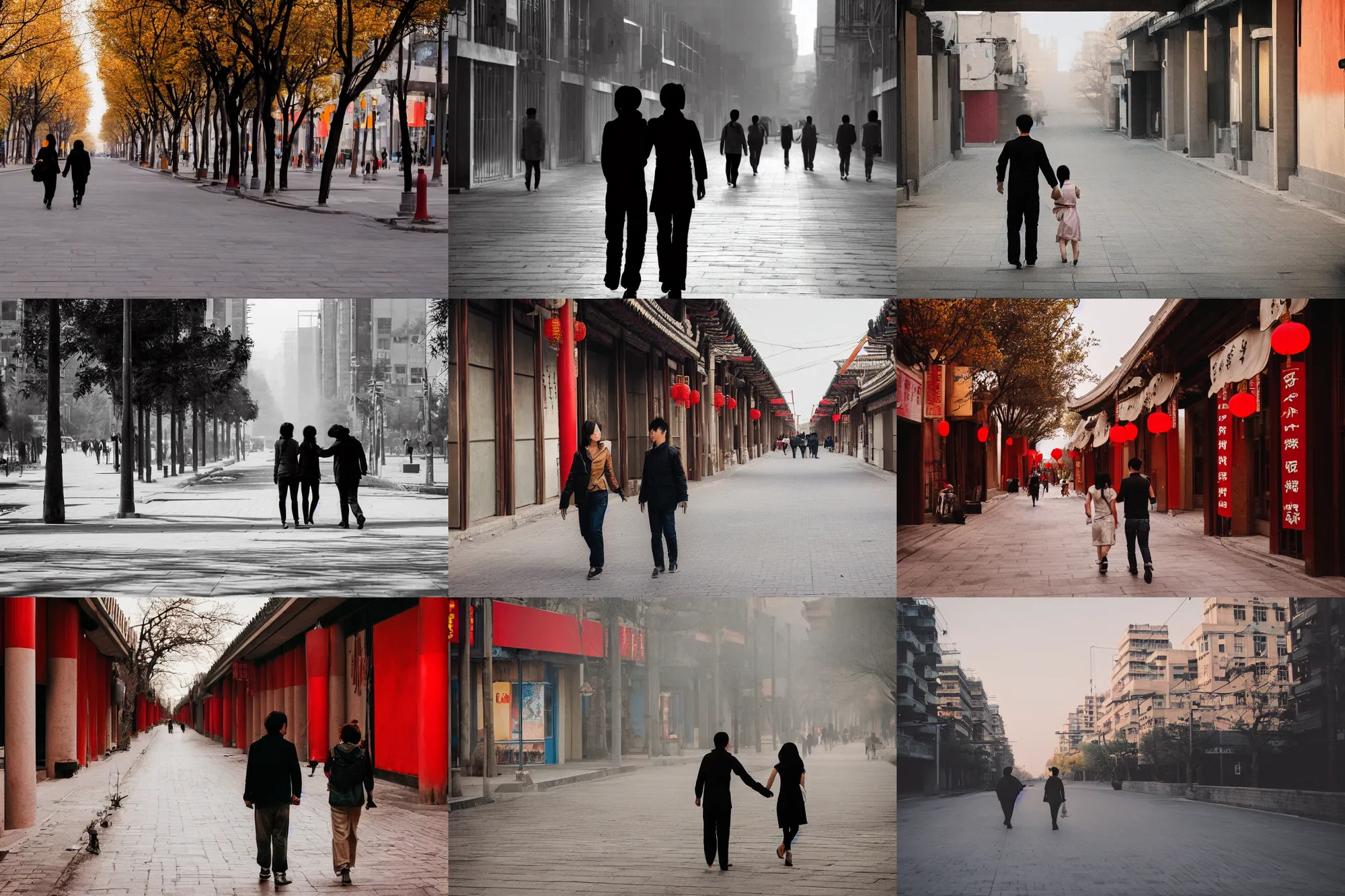Prompt: A photograph of Two lovers walking on empty street in Beijing , golden time, capture ,quiet, joy, moving, warmth, light and shadow ,color photography.