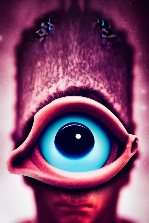 Prompt: Portrait photo of an unbrushed cyclops without nose and with one giant eye, high quality photo, 85mm, focused fantasy, colorful, digital art