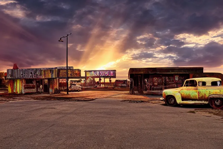 Image similar to a sunset light landscape with historical route 6 6, lots of sparkling details and sun ray ’ s, blinding backlight, smoke, volumetric lighting, colorful, octane, 3 5 mm, abandoned gas station, old rusty pickup - truck, beautiful epic colored reflections, very colorful heavenly, softlight