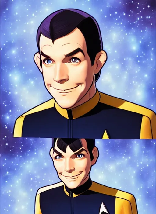 Prompt: cute star trek officer henning wehn, natural lighting, path traced, highly detailed, high quality, digital painting, by don bluth and ross tran and studio ghibli and alphonse mucha, artgerm