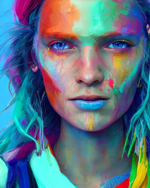 Image similar to colorful character portrait of a hippie from the future, set in the future 2 1 5 0 | highly detailed face | very intricate | symmetrical | professional model | cinematic lighting | award - winning | painted by mandy jurgens | pan futurism, dystopian, bold colors, cyberpunk, groovy vibe, anime aesthestic | featured on artstation
