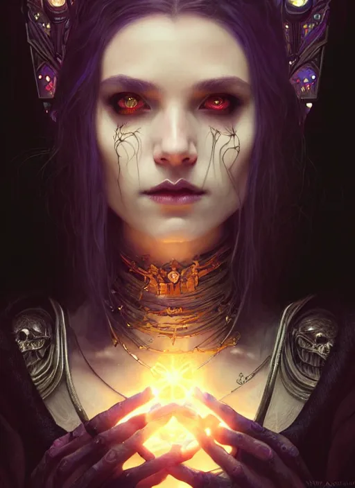 Image similar to a beautiful cinematic female Necromancer Sorceress, galatic shamen with Quantum energy fantasy, fantasy magic, undercut hairstyle, dark light night, intricate, elegant, sharp focus, illustration, highly detailed, digital painting, concept art, matte, art by WLOP and Artgerm and Greg Rutkowski and Alphonse Mucha, masterpiece