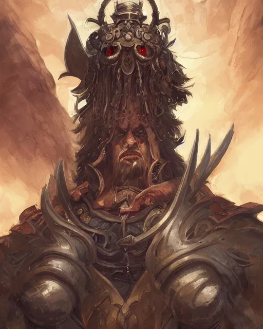 Prompt: digital painting of an angry hernan cortes by filipe pagliuso and justin gerard, symmetric, fantasy, hyper detailed, intricate, portrait, digital painting, sharp focus, tarot card, studio ghibli color scheme, handsome, concept art, alluring, game art, magic : the gathering