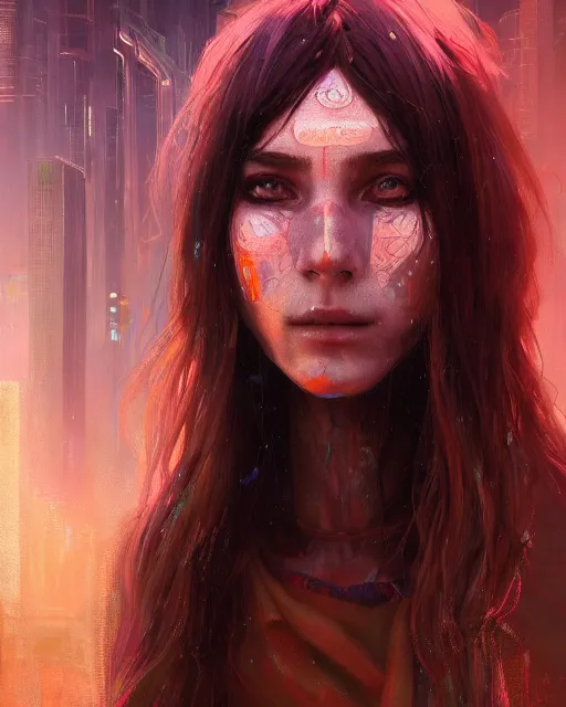 Prompt: portrait of a brunette hippie, but set in the future 2 1 5 0 | highly detailed | very intricate | symmetrical | professional model | cinematic lighting | award - winning | painted by mandy jurgens | pan futurism, dystopian, bold colors, cyberpunk, anime aesthestic | featured on artstation