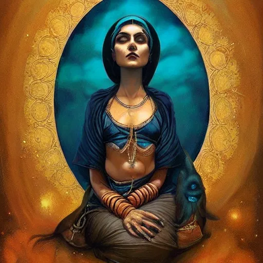 Prompt: old Desi majestic lady guru, looking upwards, despair, kneeling, mystic, blue, by Anato Finnstark, Tom Bagshaw, Brom