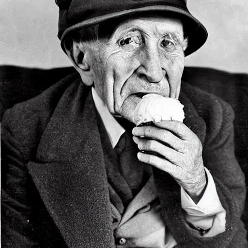 Prompt: 1930s photograph of a wrinkled old man with a hat made out of ice cream