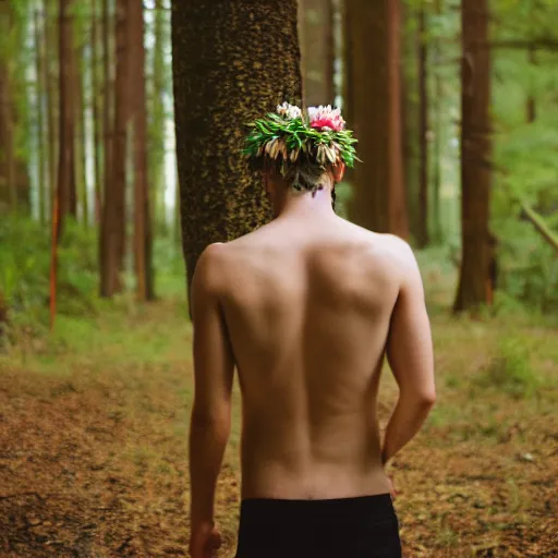 Prompt: kodak portra 4 0 0 photograph of a skinny blonde guy standing in a dark forest, back view, flower crown, moody lighting, telephoto, 9 0 s vibe, blurry background, vaporwave colors, faded!,