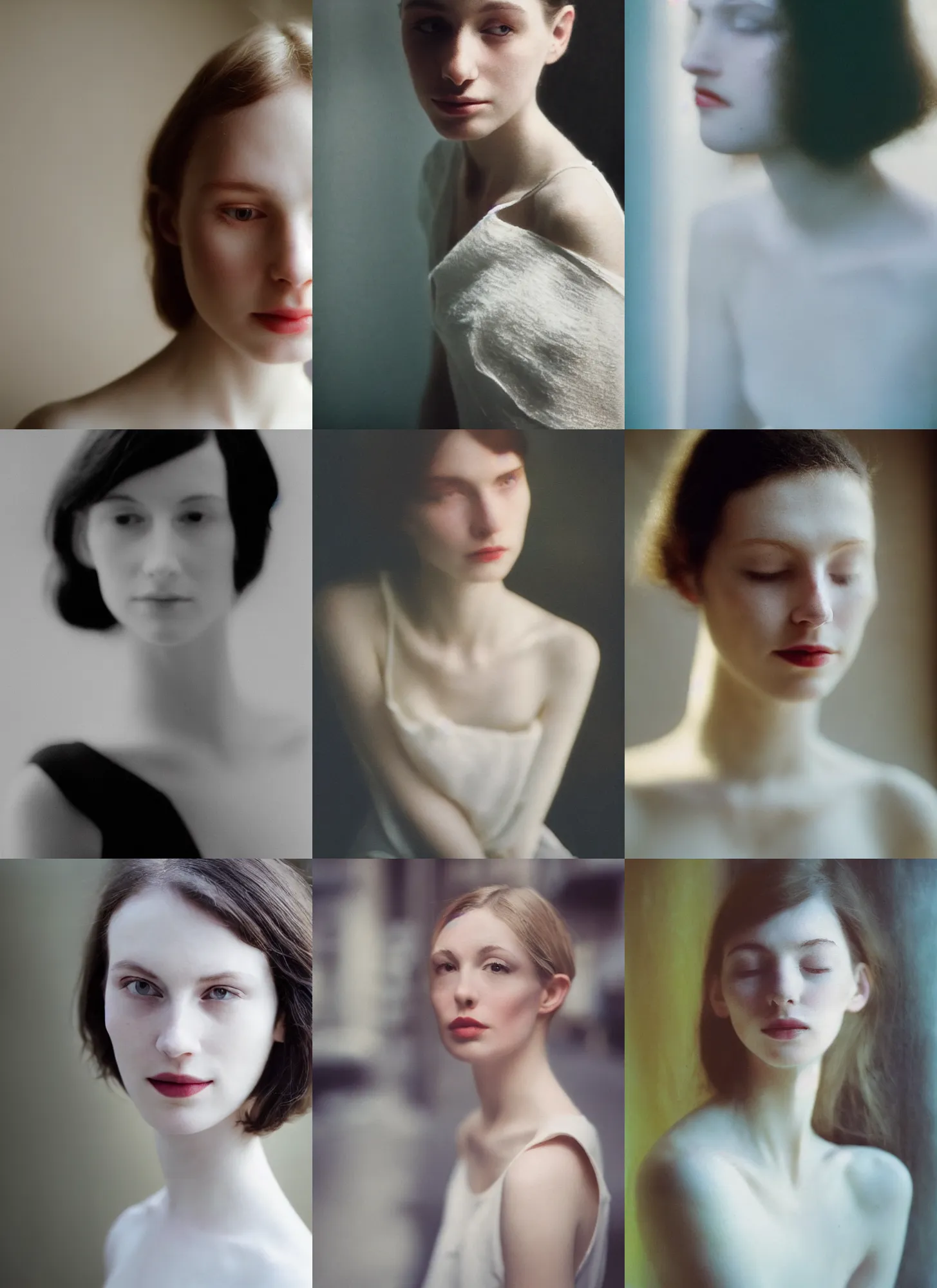 Prompt: overexposed, out of focus photorealistic portrait of a beautiful aesthetic pale woman by saul leiter, backlit, against a bright white light, very blurry, translucent white skin, closed eyes, bokeh