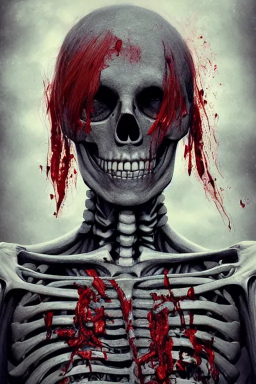 Image similar to skeleton black bones full body!!, covered with blood, rolyatistaylor face!!, long red hair, beautiful blue eyes, ultra realistic, concept art, intricate details, highly detailed, photorealistic, octane render, 8 k, unreal engine. retro film still, heavy grain, 3 5 mm, art by artgerm and greg rutkowski and alphonse mucha