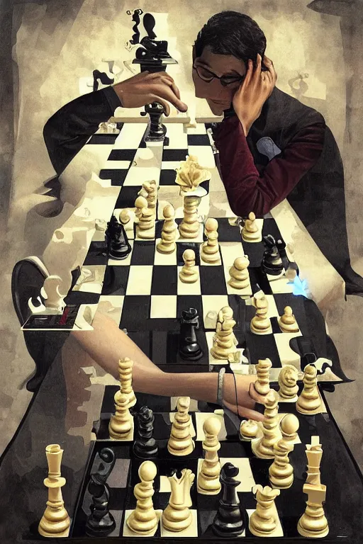 a painting of anish giri pondering over a chess board,, Stable Diffusion