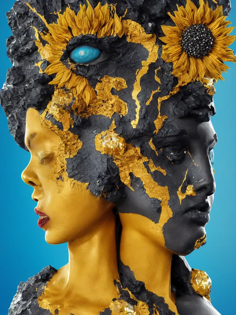 Image similar to symmetrical fractured dark obsidian greek statue of eastasian female beauty, yellow gemstones spikes, crystallic sunflowers, lightblue acrylic paintdrip and magenta tar, repaired with kintsugi, rendered in octane trending on cgsociety. extremely detailed and intricate art, corruption, sleek