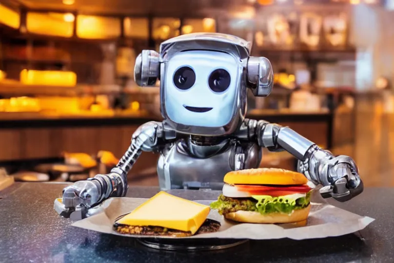 Image similar to robot eating cheese burger