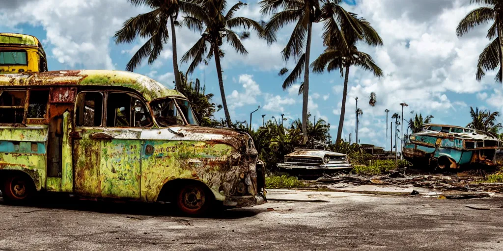 Image similar to wide angle shot of dilapidated fallout 5 miami, tropical coastal city, desolate, dilapidated, some rusted retro futuristic vintage parked vehicles like cars, buses, trucks, trams, sunny weather, few clouds, volumetric lighting, photorealistic, daytime, spring, sharp focus, ultra detailed, technicolour 1