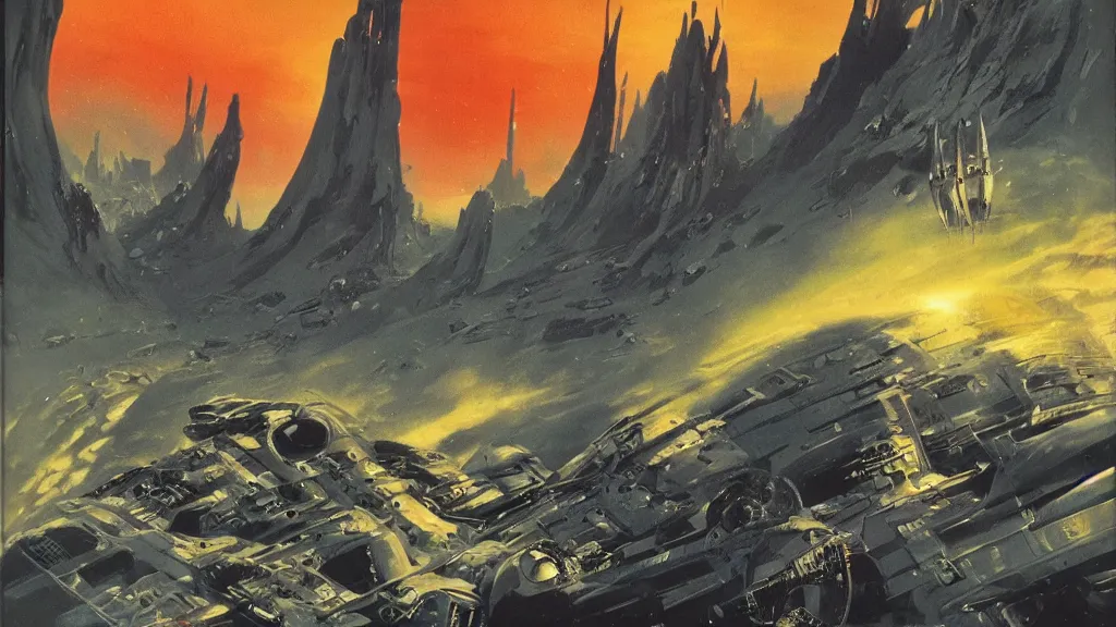 Image similar to spaceship design by paul lehr and jack gaughan and john schoenherr, epic cinematic matte painting