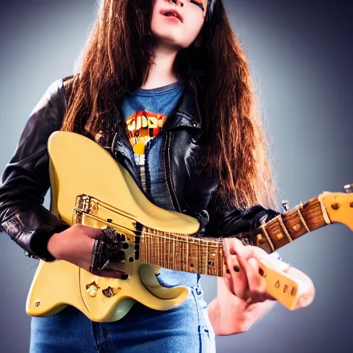 Image similar to 19-year-old girl wearing leather jacket and denim jeans, permed hair, holding electric guitar, stoner rock, HD photograph, heavy rock concert, live concert footage