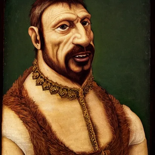 Image similar to detailed renaissance portrait painting of gentleman orc with green skin wearing brown expensive costume