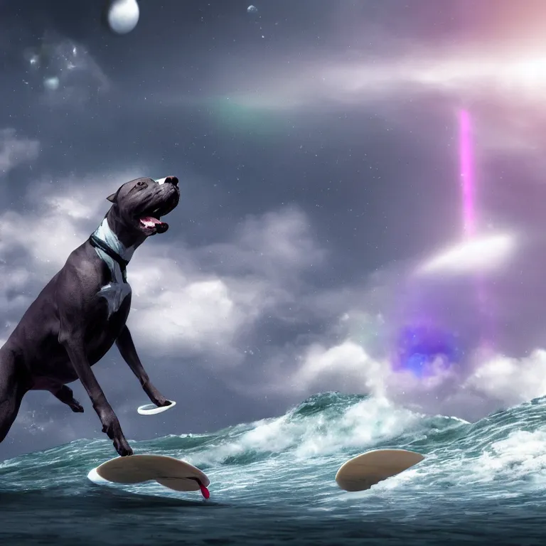 Image similar to photo of a skinny dark gray coat pit bull with a white paws and a white nose!, surfing on a surfboard in a crashing wave of alien galaxy, trending on art station, ocean in space, background is an alien galaxy, aliens in the background, alien colors, octane render, unreal engine, wide view, 8 k, highly detailed