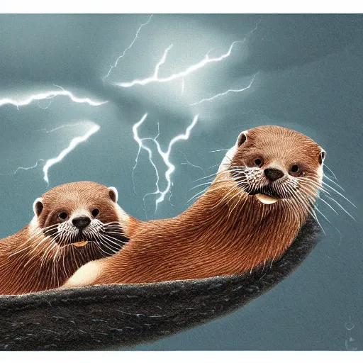 Image similar to illustration hyper detailed otters holding hands in a huge storm cinematic trending on artstation masterpiece