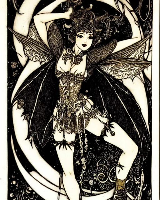 Image similar to burlesque fairy, fantasy character portrait, ultra realistic, concept art, intricate details, art nouveau, japanese woodblock, cinematic, highly detailed by arthur rackham