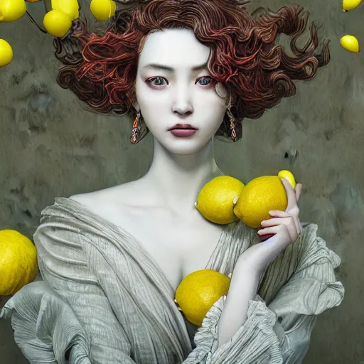 Image similar to the portrait of a sensual lemon that resembles an absurdly beautiful, graceful, elegant, sophisticated gravure idol, an ultrafine hyperdetailed illustration by kim jung gi, irakli nadar, intricate linework, bright colors, octopath traveler, final fantasy, unreal engine 5 highly rendered, global illumination, radiant light, detailed and intricate environment