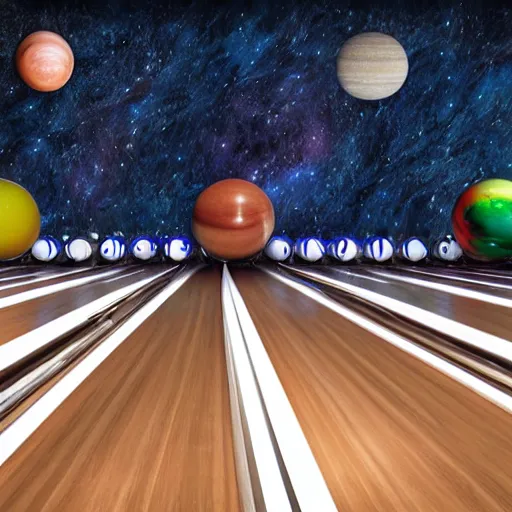 Image similar to solar system bowling alley, hyperrealism, hyperrealistic, photorealism, photorealistic, artstation, 4 k, highly detailed digital art but as photography