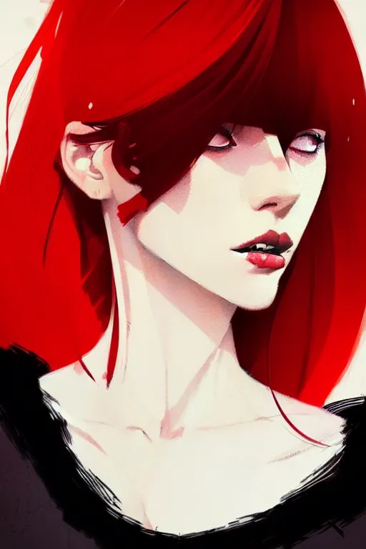 Image similar to a ultradetailed beautiful portrait panting of a stylish woman with red bangs, she is wearing a black dress, by conrad roset, greg rutkowski and makoto shinkai, trending on artstation