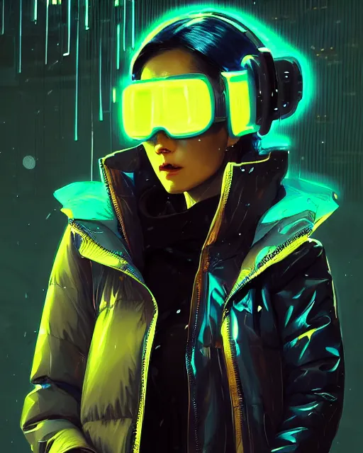 Prompt: detailed portrait Neon Business Girl, cyberpunk futuristic neon, reflective puffy coat, decorated with traditional Japanese ornaments by Ismail inceoglu dragan bibin hans thoma greg rutkowski Alexandros Pyromallis Nekro Rene Maritte Illustrated, Perfect face, fine details, realistic shaded, fine-face, pretty face