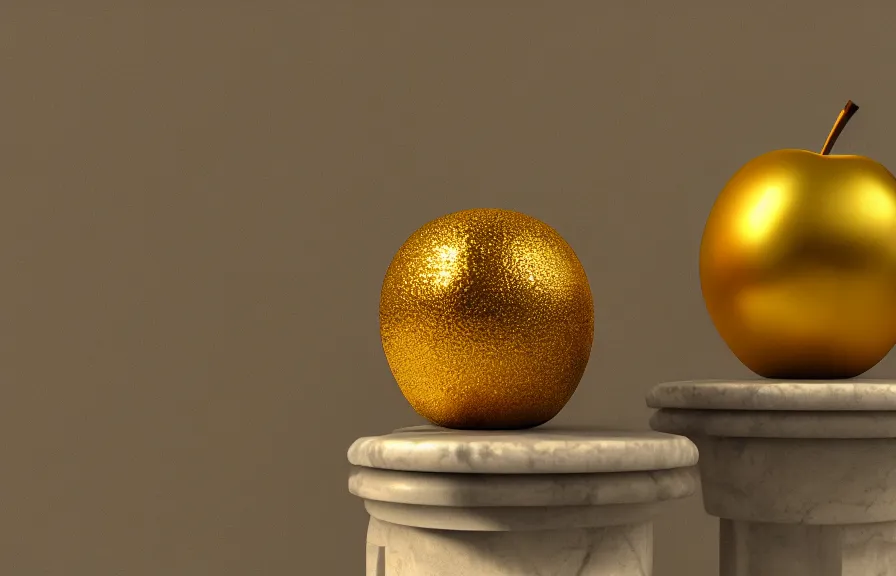 Prompt: golden apple on a marble roman pillar, 4k, octane render, studio lighting