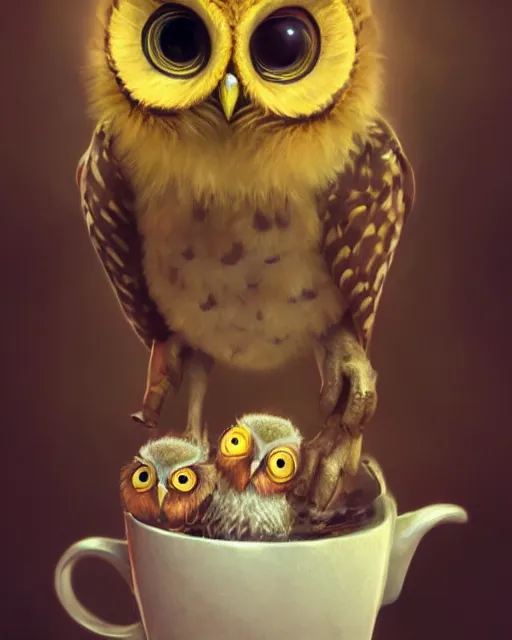 Image similar to long shot of a very cute owl chick nesting in a futuristic mug, esao andrews, humorous illustration, hyperrealistic, big depth of field, warm colors, night scenery, low light, 3 d octane render, 4 k, concept art, hyperdetailed, hyperrealistic, trending on artstation