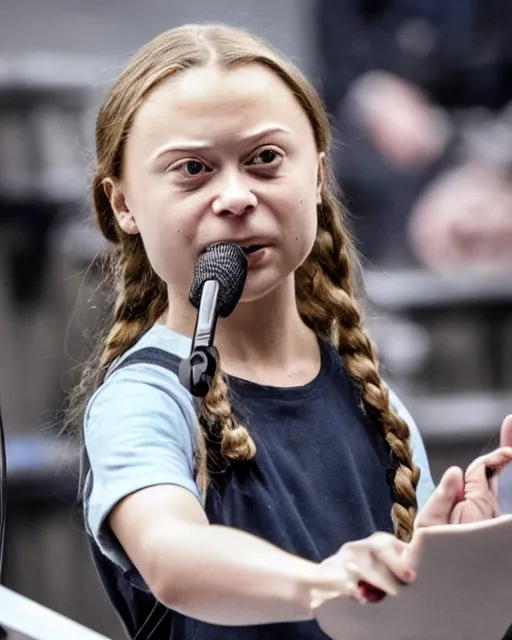 Image similar to film still close - up shot of greta thunberg giving a speech in a train station full of raw meat. photographic, photography