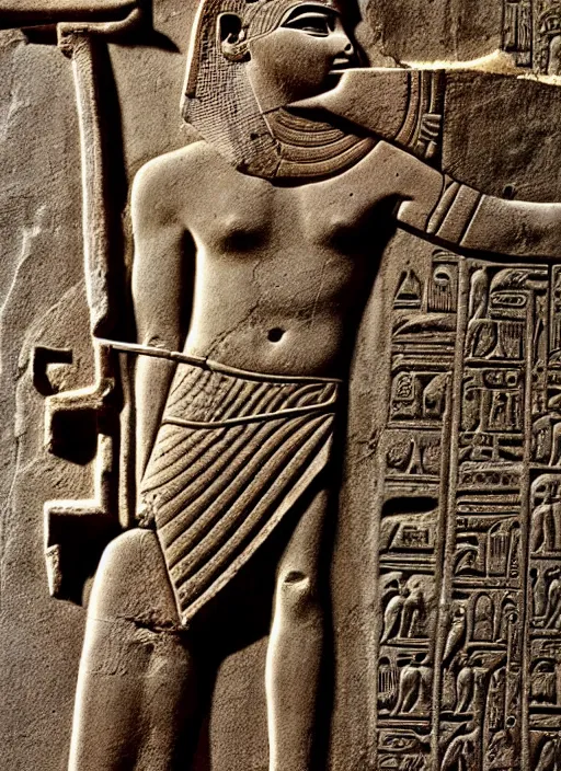 Image similar to a worn out ancient egyptian relief of a man holding a primitive rifle and pointing it at someone,, award winning photo