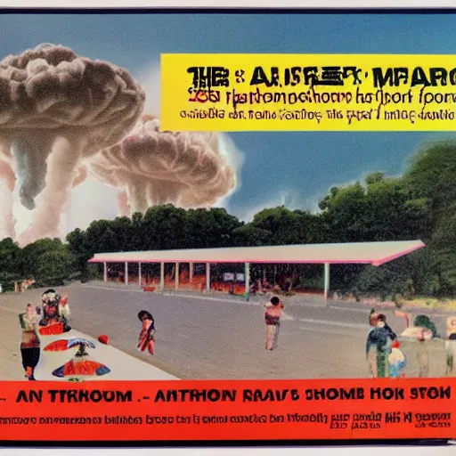 Image similar to A 1980s poster of a hawker centre and mushroom cloud