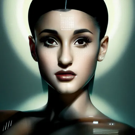 Image similar to portrait of a bladerunner art deco ariana grande with a grid of light falling on her face, sci-fi, intricate lighting, elegant noir, highly detailed, full-body-shot, digital painting, studio portrait, artstation, smooth, sharp focus, illustration, art by artgerm and greg rutkowski and Charlie Bowater