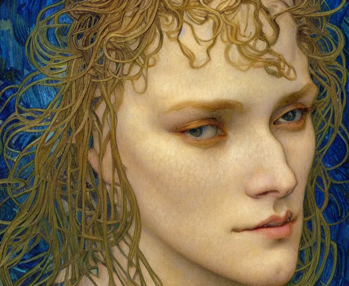Image similar to detailed realistic beautiful young medieval queen face portrait by jean delville, alphonse mucha, vincent van gogh, and marco mazzoni, art nouveau, symbolist, visionary, gothic, pre - raphaelite