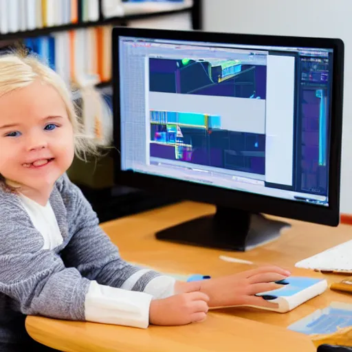 Prompt: a blonde baby girl working CAD computer drafting, civil engineer, sitting at a desk
