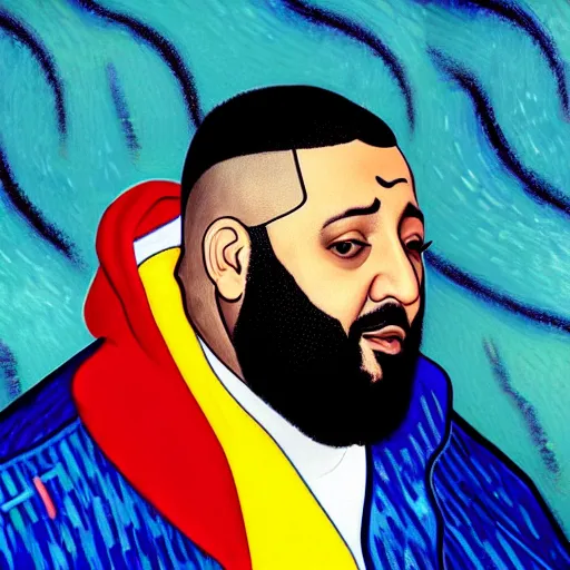 Image similar to ultra realistic portrait of dj khaled in a studio, ultra detailed, under blue, red and yellow cinematic lighting, by van gogh, cartoon, monument valley, escher