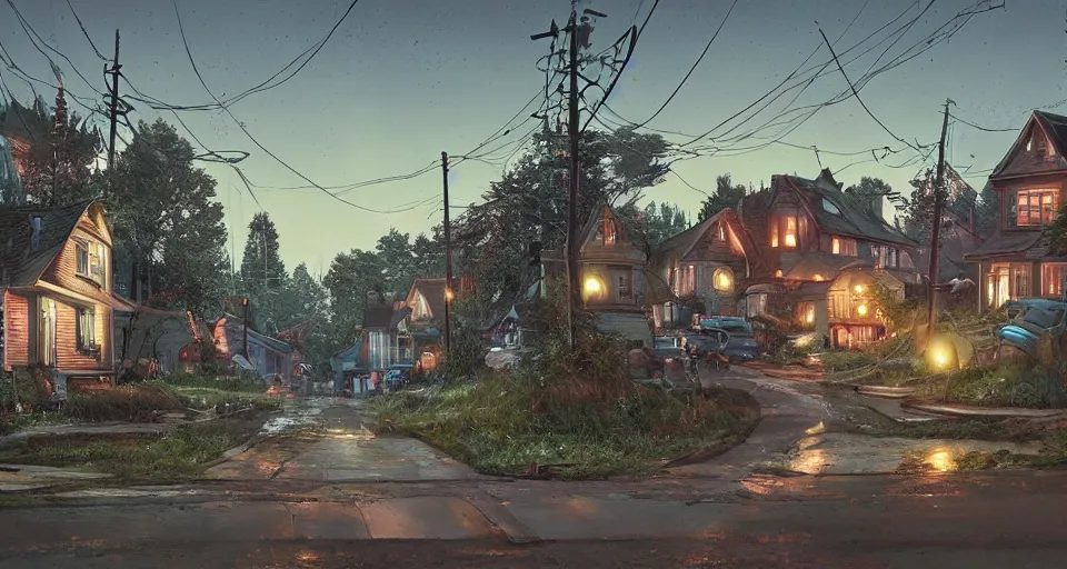 Image similar to a quaint suburban street at night colossal maschinen krieger looms in the distance, realistic rendering, unreal engine, 4k, hdr, high dynamic range, f12, by simon stalenhag