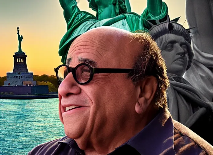 Image similar to Danny DeVito as the statue of liberty, 8k, award winning photograph