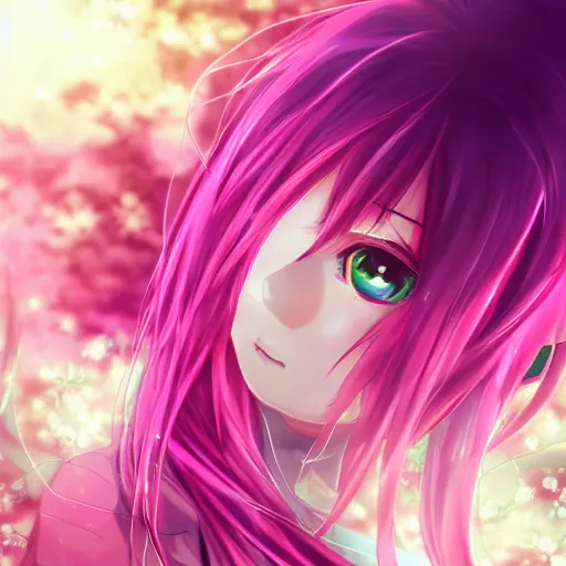 Image similar to “anime girl, flowing pink hair, extremely beautiful, swirly pink background, action shot, by Kurahana Chinatsu, trending on PixArt”