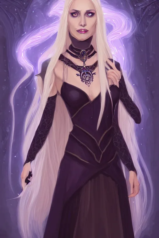 Image similar to portrait of a gorgeous female sorceress, looking at camera, D&D, choker on neck, stylish dark dress, arcane symbols, very long flowing blond hair, intricate, elegant, stylish, cute slightly nerdy smile, mouth slightly open, fantasy, extremely detailed, digital painting, artstation, concept art, smooth, sharp focus, illustration, stunning lighting, art by artgerm and greg rutkowski and alphonse mucha and simon stalenhag