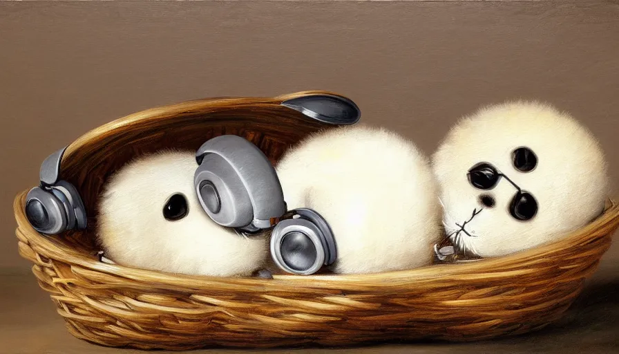 Image similar to highly detailed painting of cute furry white baby seals wearing headphones and shades cuddling up in a basket by william turner, thick brush strokes and visible paint layers, 4 k resolution