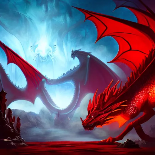 Image similar to the return of nicol bolas the dragon god, in the style of magic the gathering, red and black and blue color scheme, d & d, fantasy, art by raymond swanland and svetlin velinov, intricate detail, cinematic, 8 k, cel shaded, unreal engine, featured on artstation, pixiv