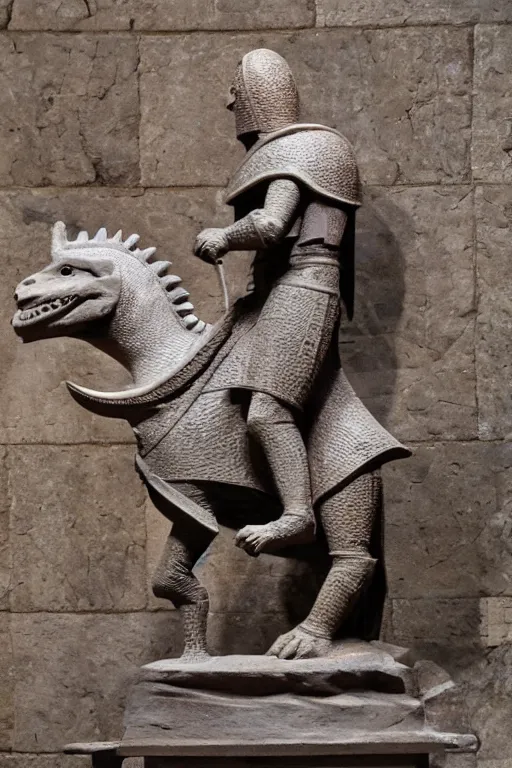 Image similar to medieval Norman, circa 1200, photo of stone carved statue, of a night in armor riding a dinosaur, romanesque style, in a museum room