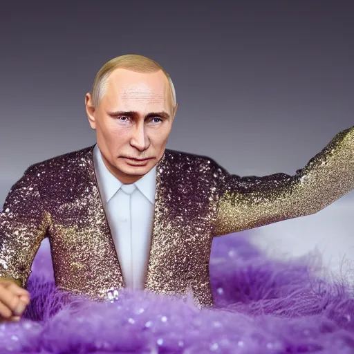 Image similar to Vladimir Putin with silver-violet hair, white eyes and golden glittery dress, wide lens, diorama, 4k,