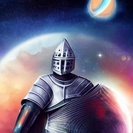 Prompt: knight, great sword with ligh, in the middle of the galaxy