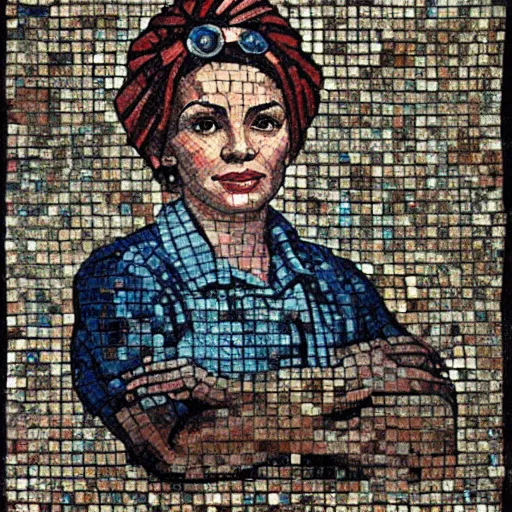 Prompt: a portrait of Rosie the riveter, worn Roman mosaic, found in Pompeii