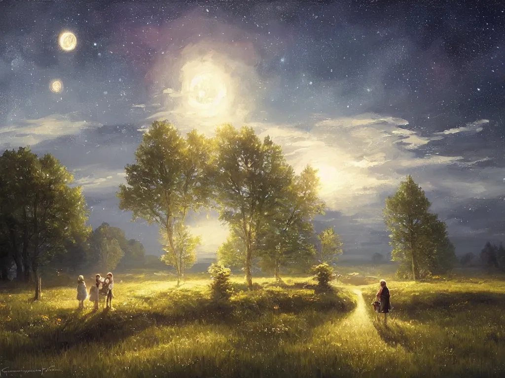 Prompt: A starry night in the swedish countryside, by Studio Ghibli and Greg Rutkowski, artstation, painting by Vladimir Volegov