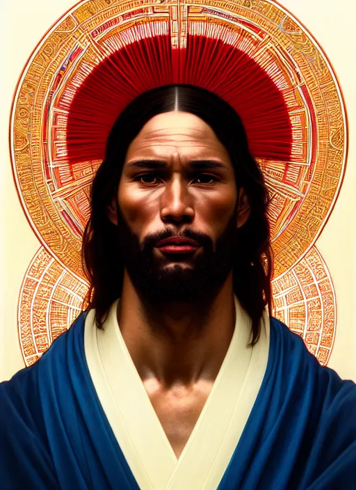 Prompt: symmetry!! portrait of terrence boyd as a jesus christ in a red kimono with an halo, face close - up, intricate, elegant, highly detailed, digital painting, artstation, concept art, smooth, sharp focus, illustration, art by artgerm and greg rutkowski and alphonse mucha